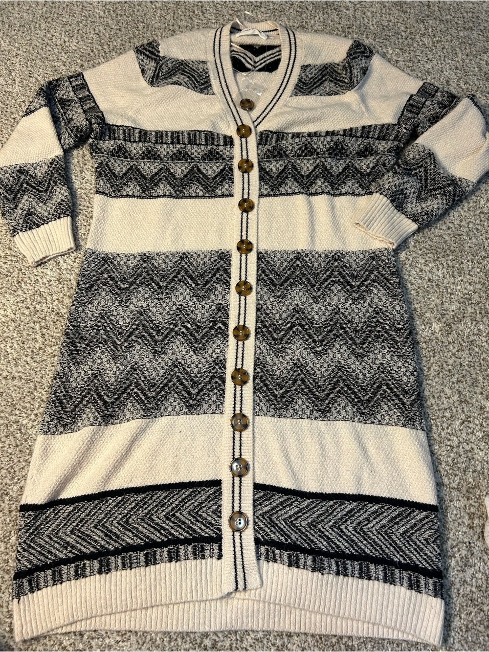 Lucky Brand Cream and Black Patterned Button-Up Cardigan